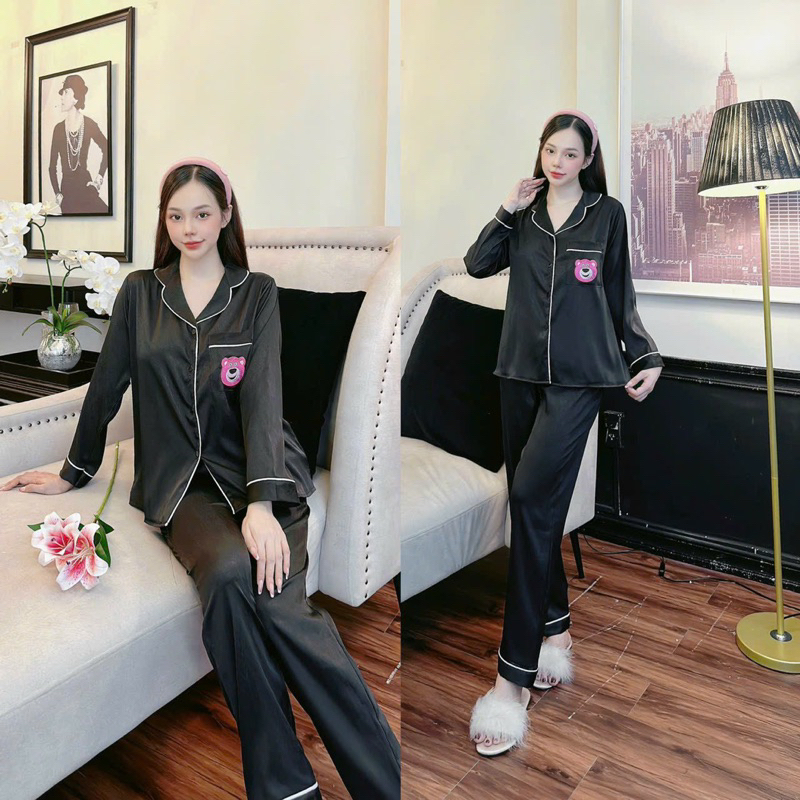 Bộ Pijama lụa xước thêu gấu dâu tay dài quần dài
