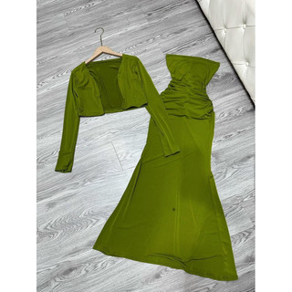 set váy suông ôm body phối tay dài đuôi cá