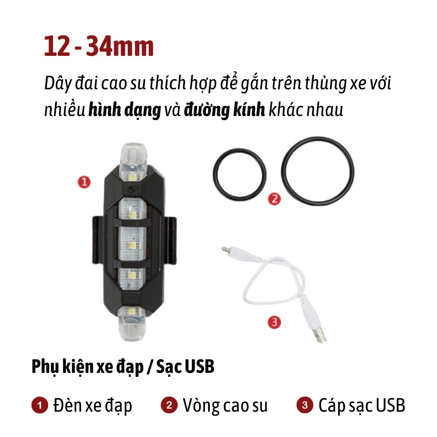 Đèn xe đạp hậu LED thể thao chống nước, Đèn hậu xe đạp nhiều màu nhiều chế độ sáng cực chất BikeBay