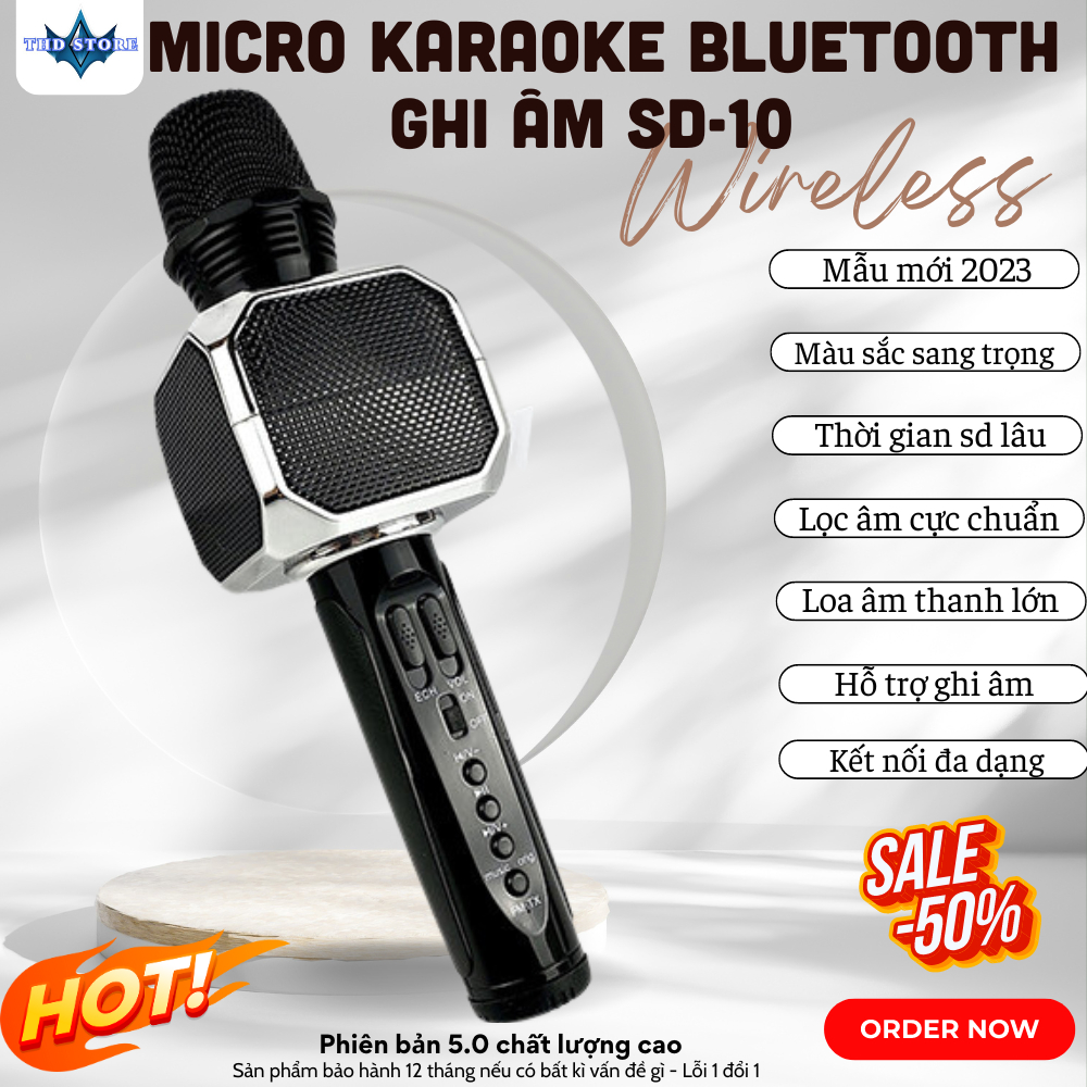 Micro karaoke kiêm loa bluetooth không dây SD 10 âm bass cực đỉnh hỗ trợ ghi âm , livestream , lọc âm pin sử dụng lâu