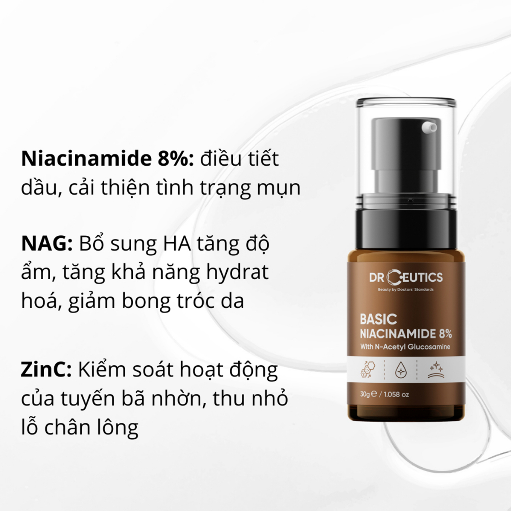 Tinh Chất Serum DrCeutics B3 Niacinamide Basic 8% Cho Da Dầu Mụn, Kiềm Dầu, Thu Nhỏ Lỗ Chân Lông 30g