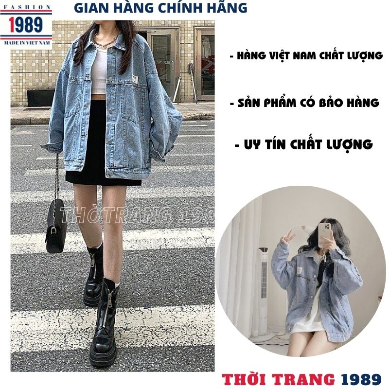 Áo khoác bò nữ túi hộp có logo kiểu dáng hàn quốc , áo khoác jeans unisex phom to rộng -THỜI TRANG 1989