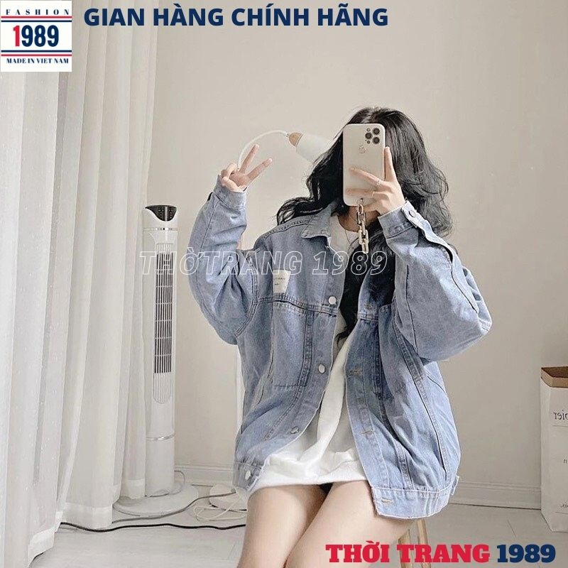 Áo khoác bò nữ túi hộp có logo kiểu dáng hàn quốc , áo khoác jeans unisex phom to rộng -THỜI TRANG 1989