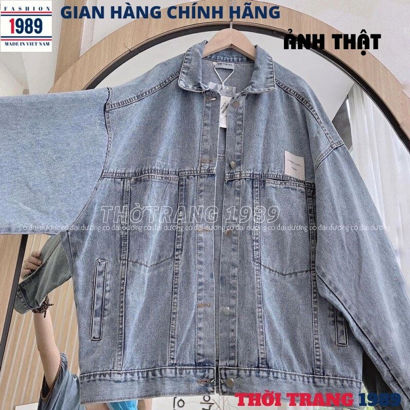 Áo khoác bò nữ túi hộp có logo kiểu dáng hàn quốc , áo khoác jeans unisex phom to rộng -THỜI TRANG 1989