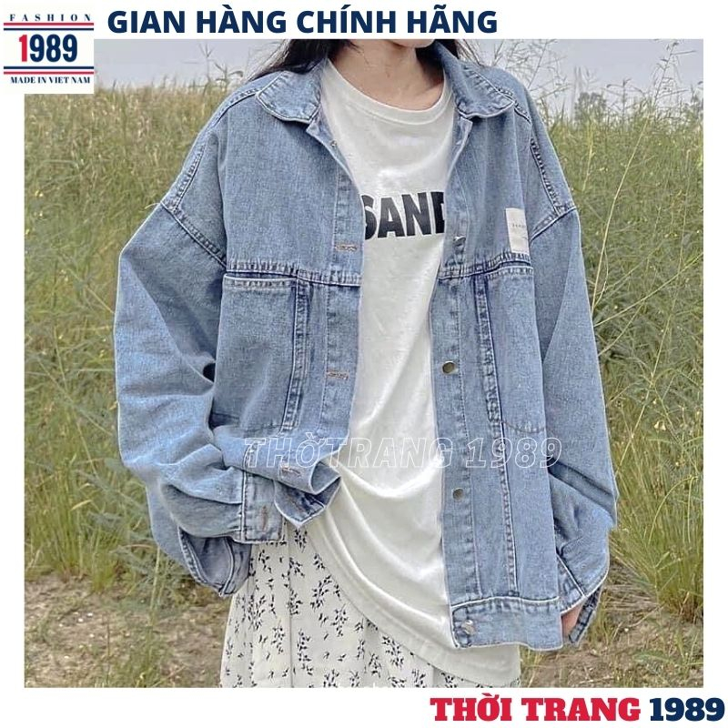 Áo khoác bò nữ túi hộp có logo kiểu dáng hàn quốc , áo khoác jeans unisex phom to rộng -THỜI TRANG 1989