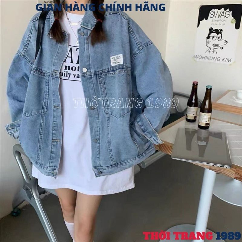 Áo khoác bò nữ túi hộp có logo kiểu dáng hàn quốc , áo khoác jeans unisex phom to rộng -THỜI TRANG 1989
