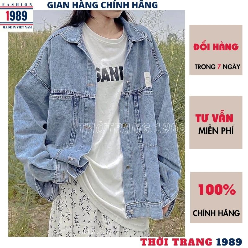 Áo khoác bò nữ túi hộp có logo kiểu dáng hàn quốc , áo khoác jeans unisex phom to rộng -THỜI TRANG 1989