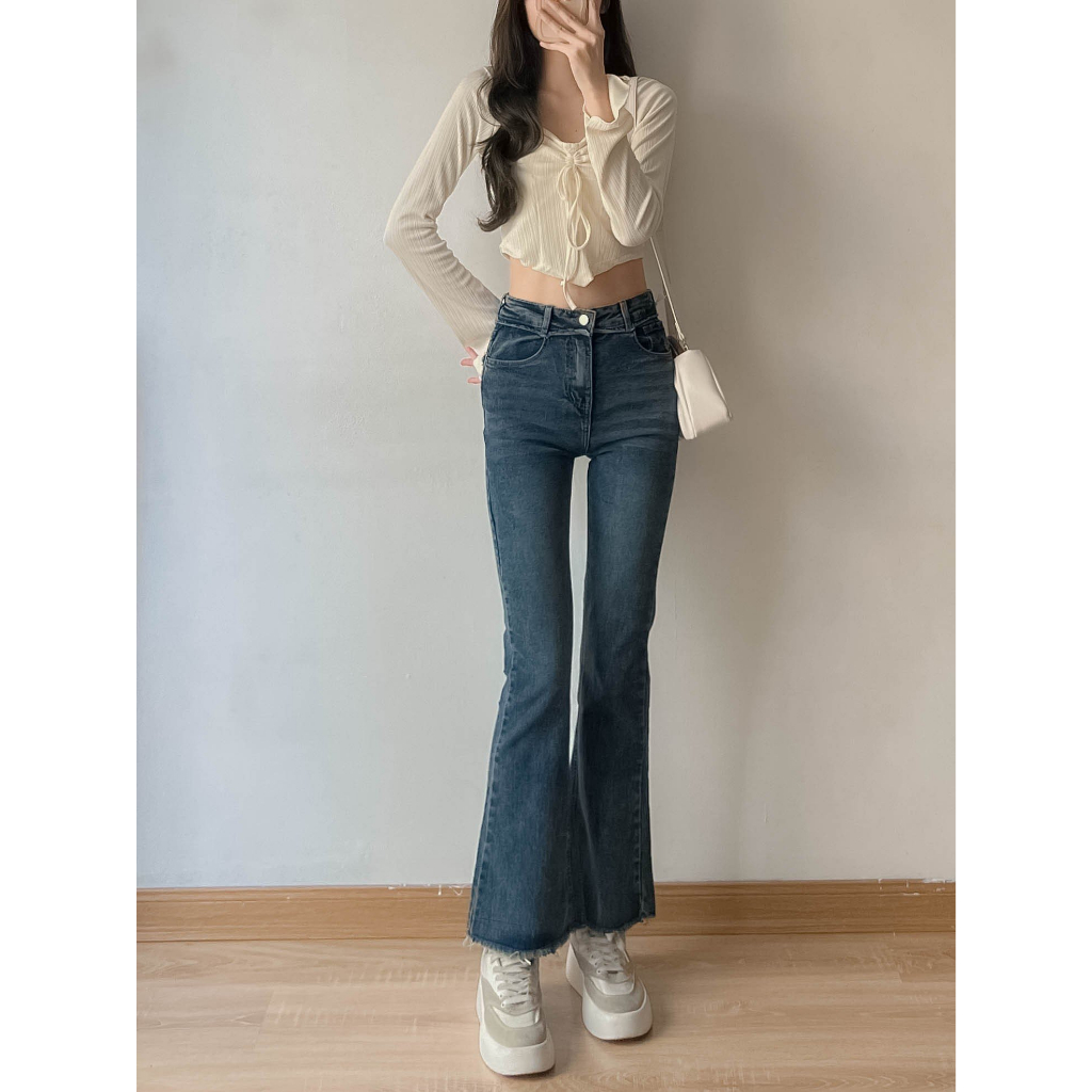 Quần jeans trơn ống loe tua viền tua rua - retrostyle - Jean6872