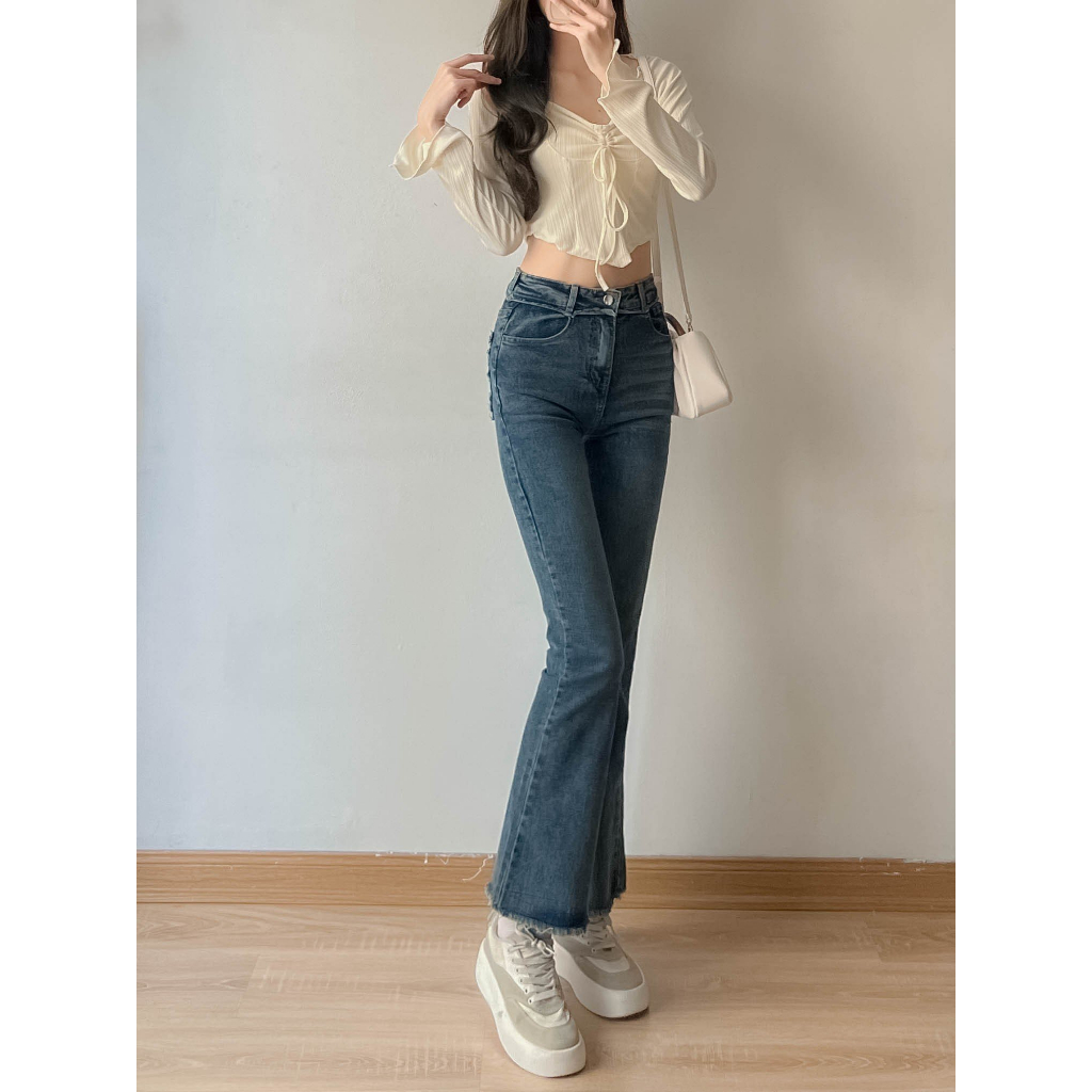 Quần jeans trơn ống loe tua viền tua rua - retrostyle - Jean6872