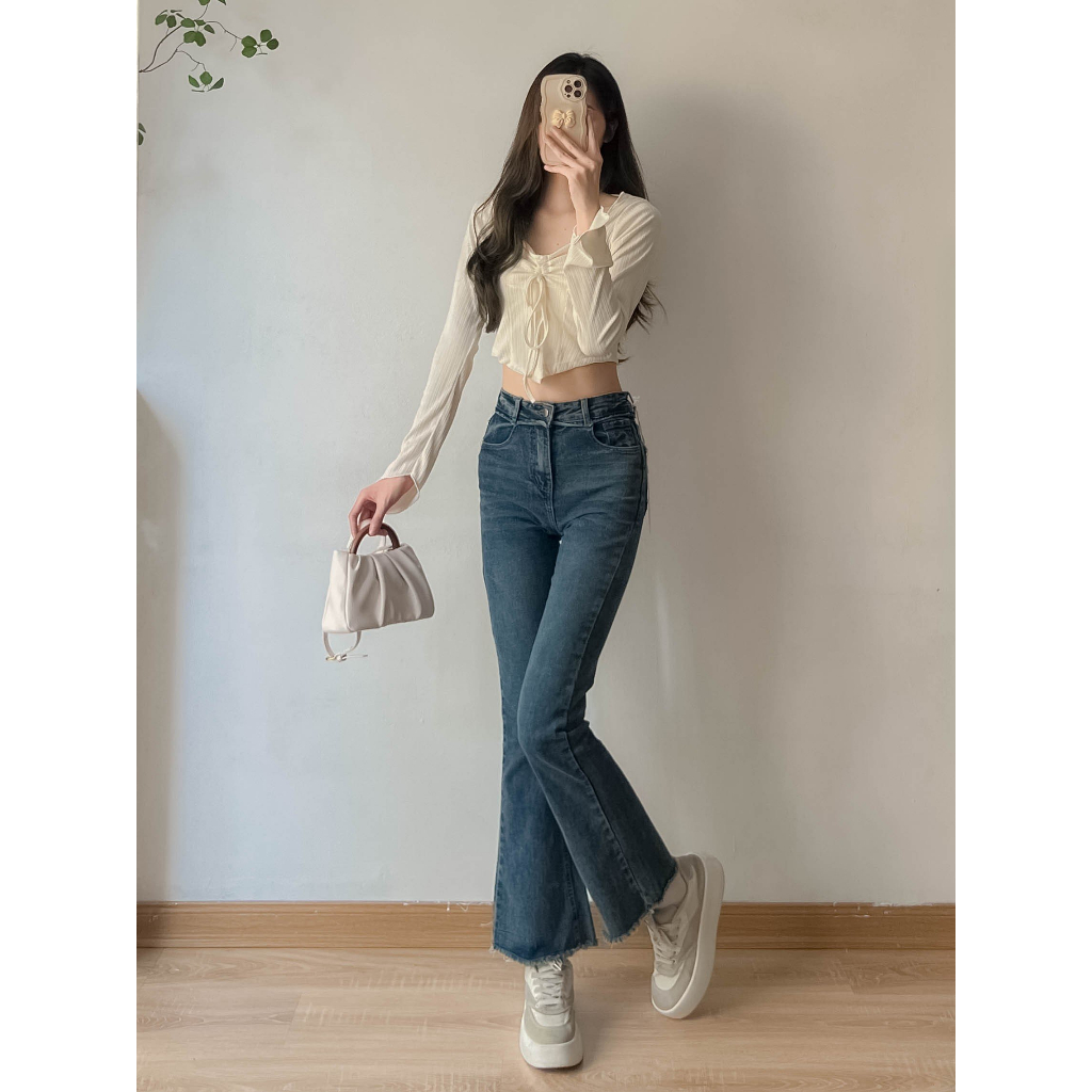 Quần jeans trơn ống loe tua viền tua rua - retrostyle - Jean6872