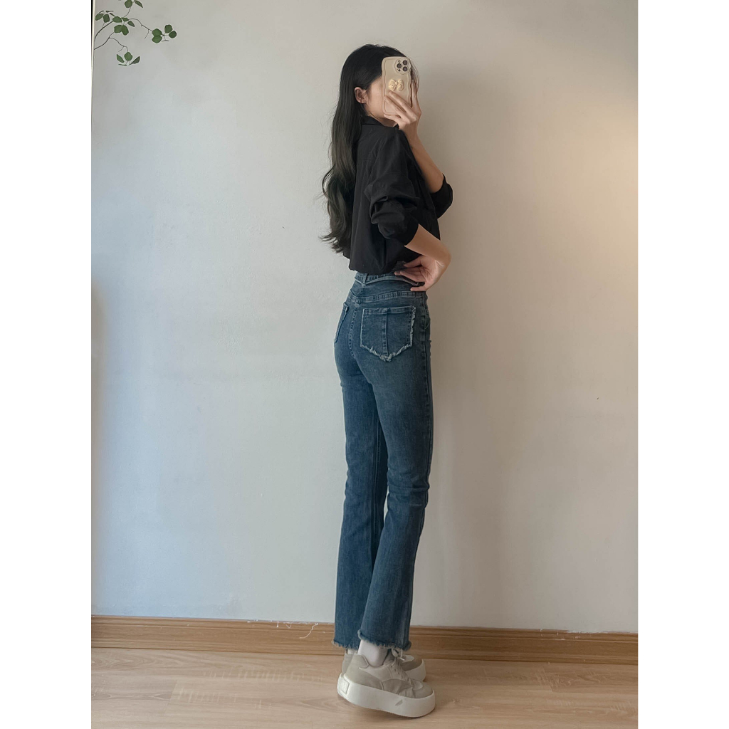 Quần jeans trơn ống loe tua viền tua rua - retrostyle - Jean6872