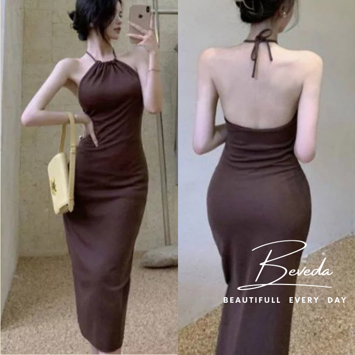 Đầm Body Nữ Dáng Dài Cổ Yếm Hở Lưng