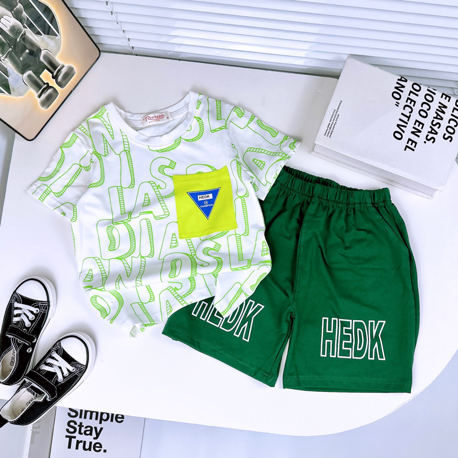 Đồ bộ bé trai, bộ chữ phối túi  sành điệu cho bé trai từ 10 đến 60 kg