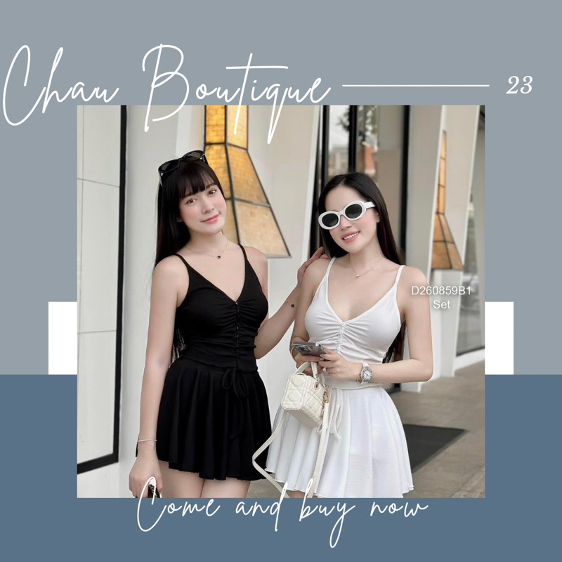 Set bộ áo 2 dây gân phối chân váy ngắn xoè! chausstore