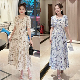 Đầm xòe form dài cố phối ren, đính nút - GR0285 (Hình thật shop chụp)