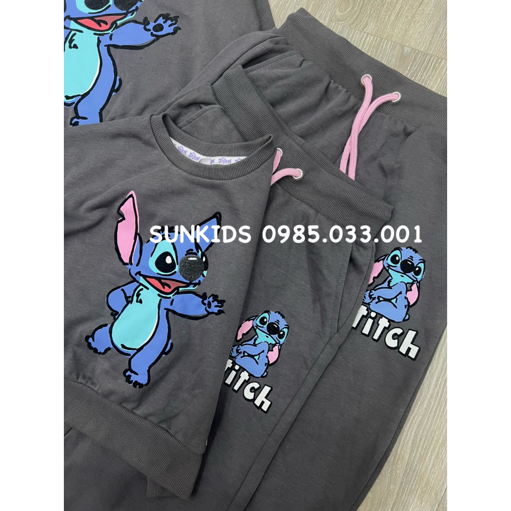 Bộ nỉ bé gái Stitch quần suông xám