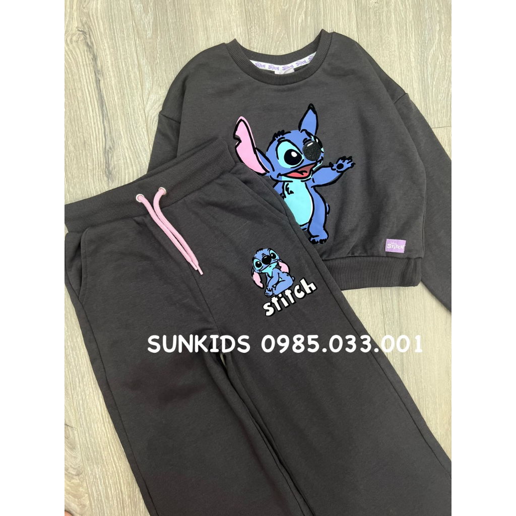 Bộ nỉ bé gái Stitch quần suông xám