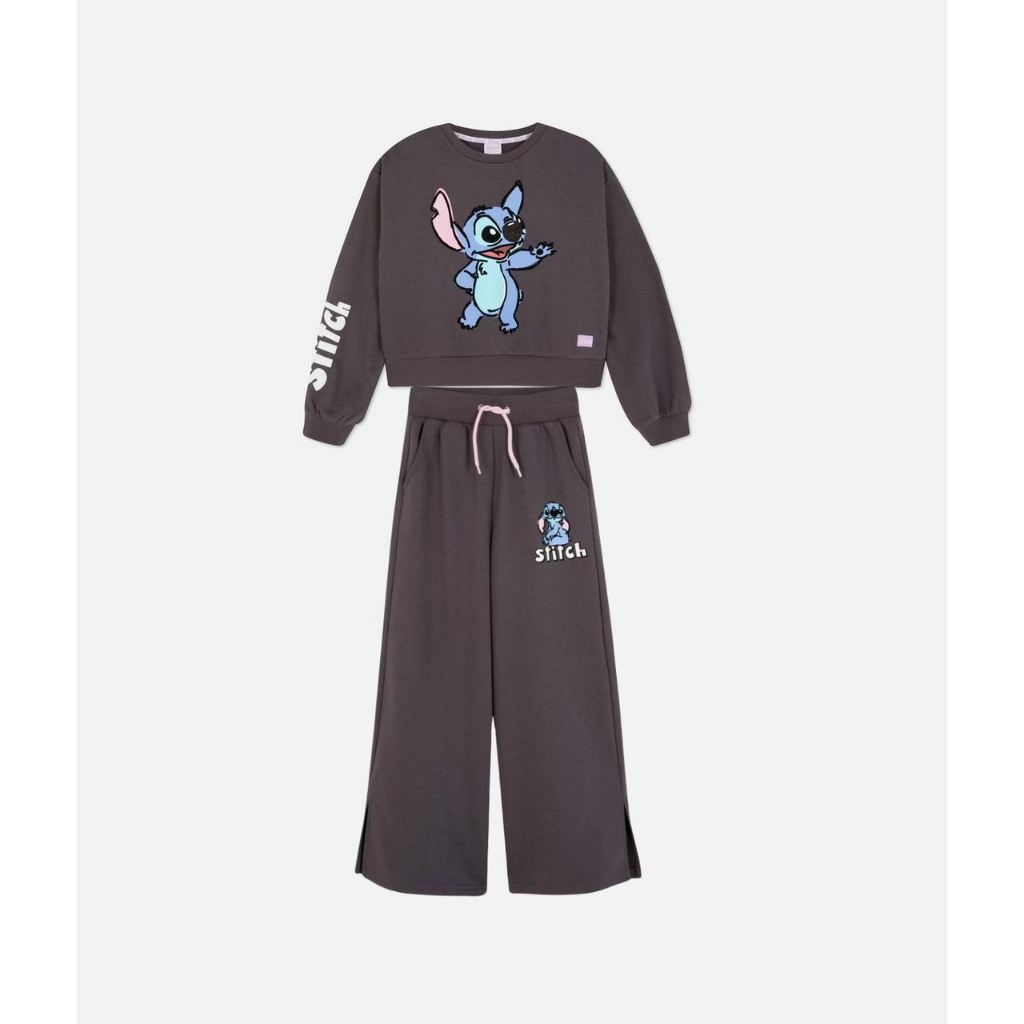 Bộ nỉ bé gái Stitch quần suông xám
