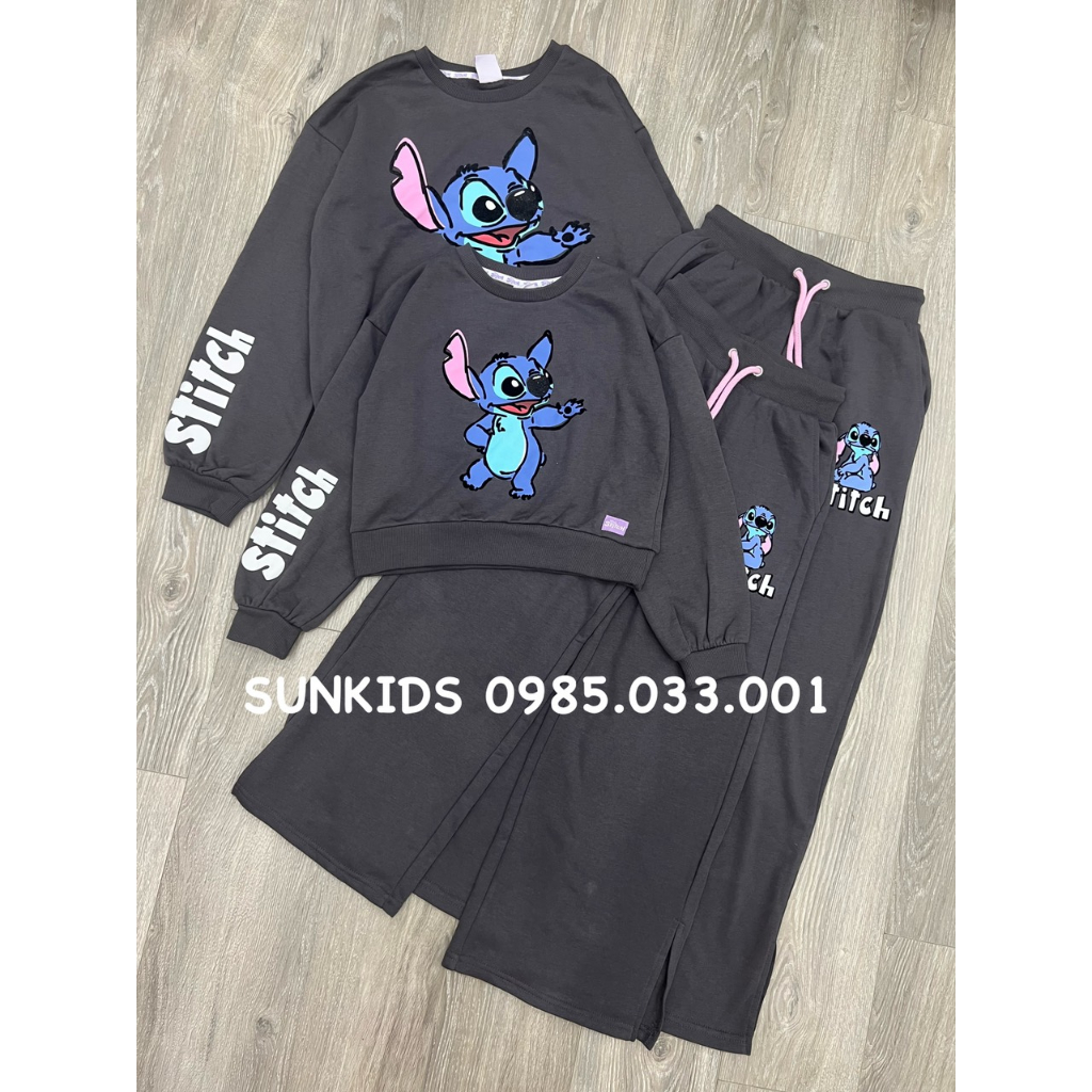 Bộ nỉ bé gái Stitch quần suông xám