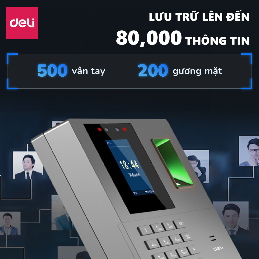 Máy Chấm Công Quét Vân Tay Và Nhận Dạng Khuôn Mặt Deli ES161 Mẫu Mới Thiết Bị Văn Phòng Màn Mình LCD 2.4" Có Tiếng Việt