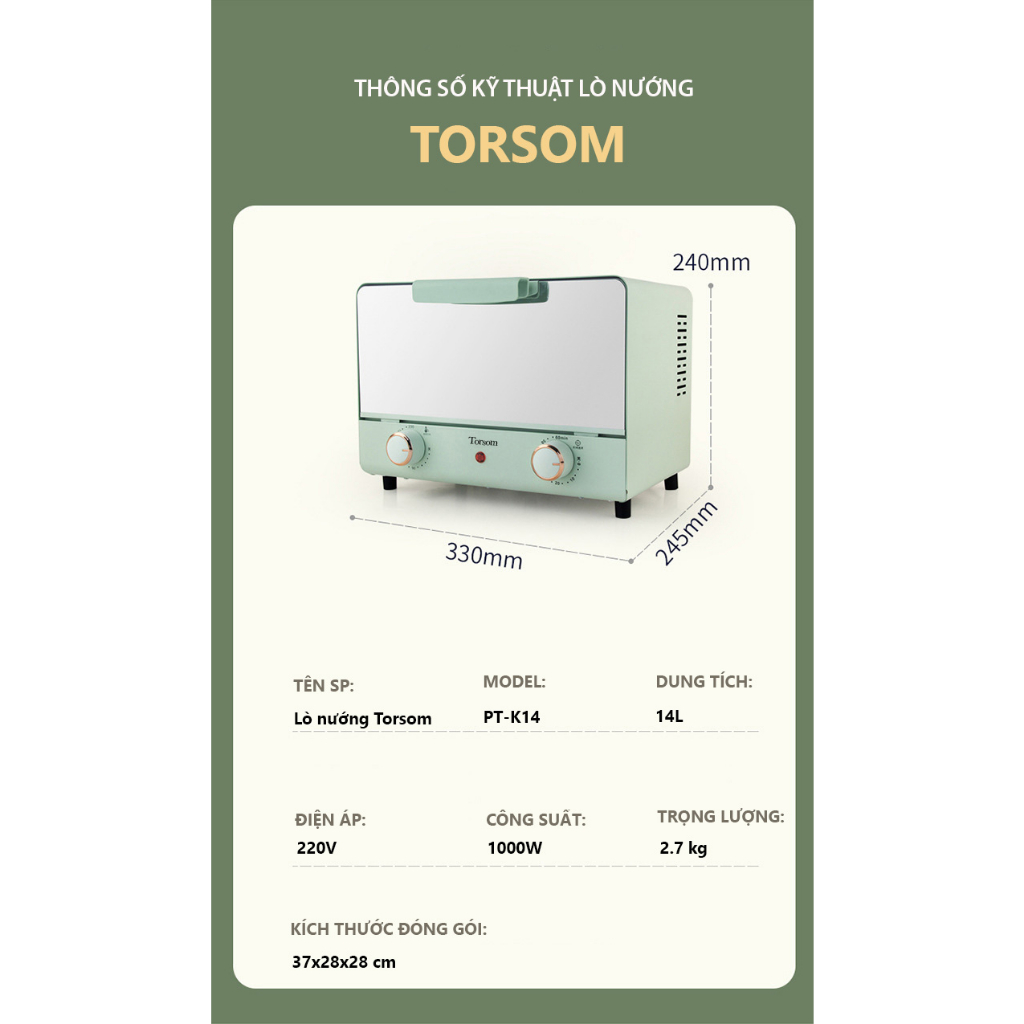Lò Nướng Mini TORSOM/BEAR Đa Năng Công Suất 1000W Màu Xanh 14L - Bảo Hành 12 Tháng, Tặng 2 Khay Nướng