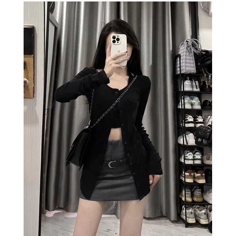 SET 4 MÓN: ÁO KHOÁC ĐEN + CHÂN VÁY + BELT + ÁO YẾM ỐNG