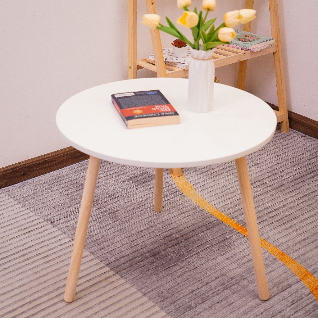 Bàn trà sofa mặt tròn chân cao 70cm, bàn cafe ngồi bệt chân gỗ tự nhiên, mặt trắng phong cách sang trọng - BH 12 tháng