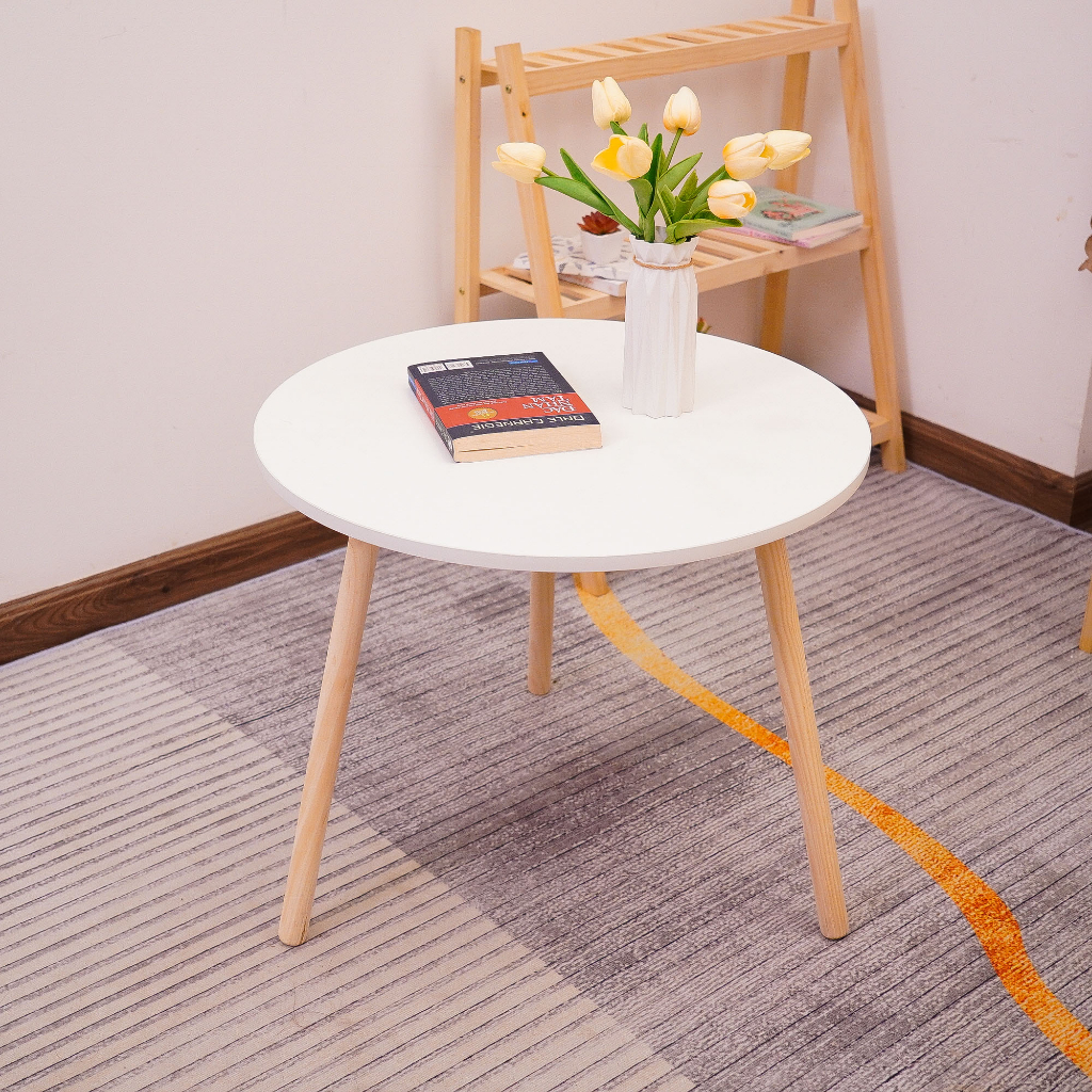 Bàn trà sofa mặt tròn chân cao 70cm, bàn cafe ngồi bệt chân gỗ tự nhiên, mặt trắng phong cách sang trọng - BH 12 tháng