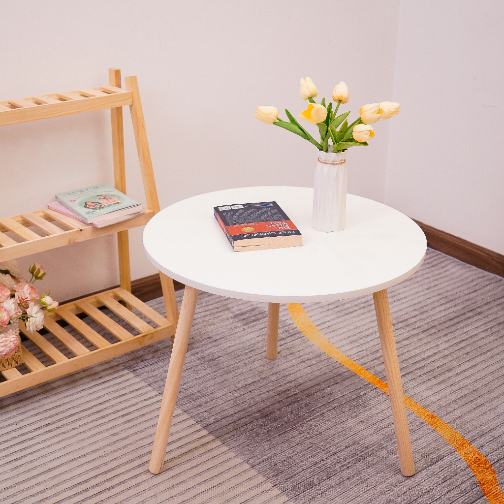 Bàn trà sofa mặt tròn chân cao 70cm, bàn cafe ngồi bệt chân gỗ tự nhiên, mặt trắng phong cách sang trọng - BH 12 tháng