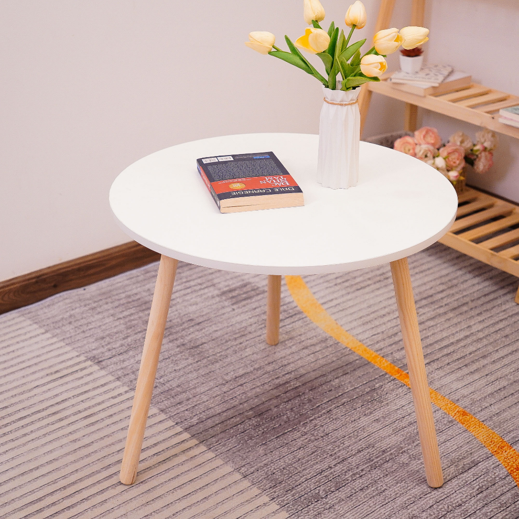 Bàn trà sofa mặt tròn chân cao 70cm, bàn cafe ngồi bệt chân gỗ tự nhiên, mặt trắng phong cách sang trọng - BH 12 tháng