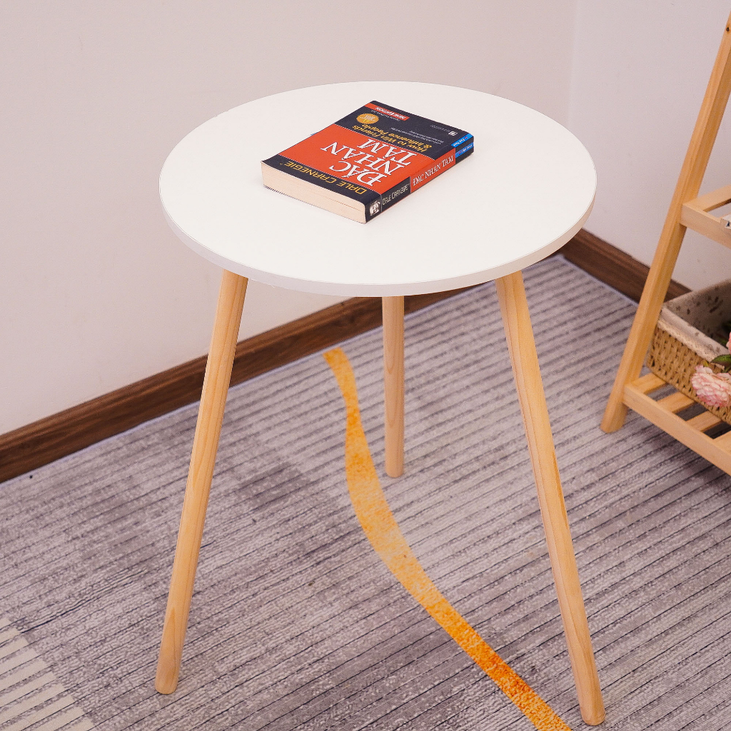Bàn trà sofa mặt tròn chân cao 70cm, bàn cafe ngồi bệt chân gỗ tự nhiên, mặt trắng phong cách sang trọng - BH 12 tháng