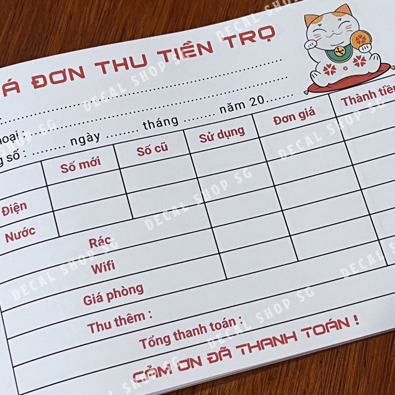 Hoá Đơn Thu Tiền Trọ - Cuốn 50 Tờ - Giấy 80gsm