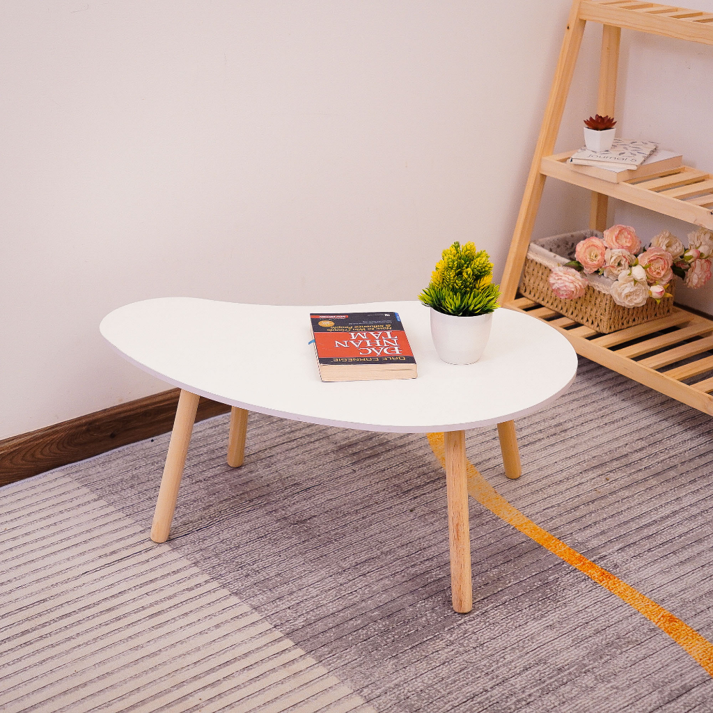 Bàn trà sofa hạt đậu chân cao 50cm, bàn cafe ngồi sofa, ghế thấp chân gỗ tự nhiên, mặt trắng sang trọng - BH 12 tháng