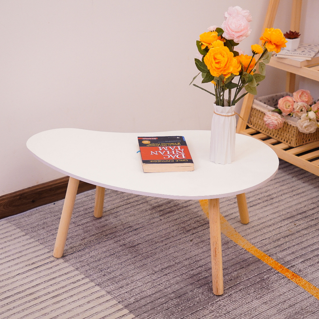 Bàn trà sofa hạt đậu chân cao 50cm, bàn cafe ngồi sofa, ghế thấp chân gỗ tự nhiên, mặt trắng sang trọng - BH 12 tháng