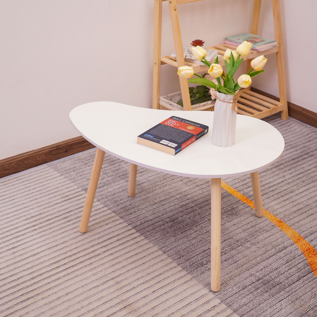 Bàn trà sofa hạt đậu chân cao 50cm, bàn cafe ngồi sofa, ghế thấp chân gỗ tự nhiên, mặt trắng sang trọng - BH 12 tháng