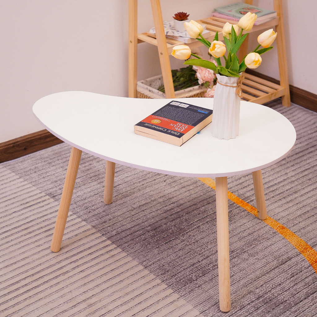 Bàn trà sofa hạt đậu chân cao 70cm, bàn cafe ngồi ghế cao, sofa, chân gỗ tự nhiên, mặt trắng sang trọng - BH 12 tháng