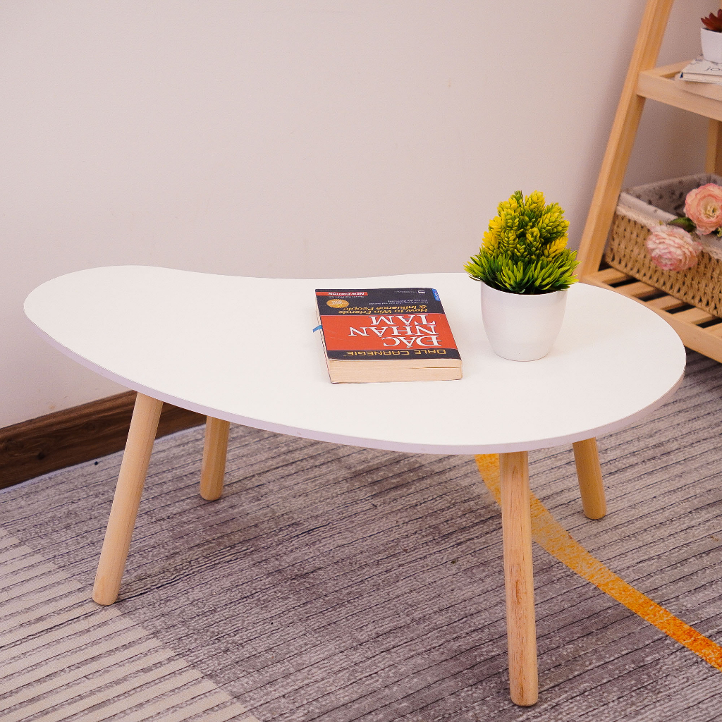 Bàn trà sofa hạt đậu chân cao 70cm, bàn cafe ngồi ghế cao, sofa, chân gỗ tự nhiên, mặt trắng sang trọng - BH 12 tháng