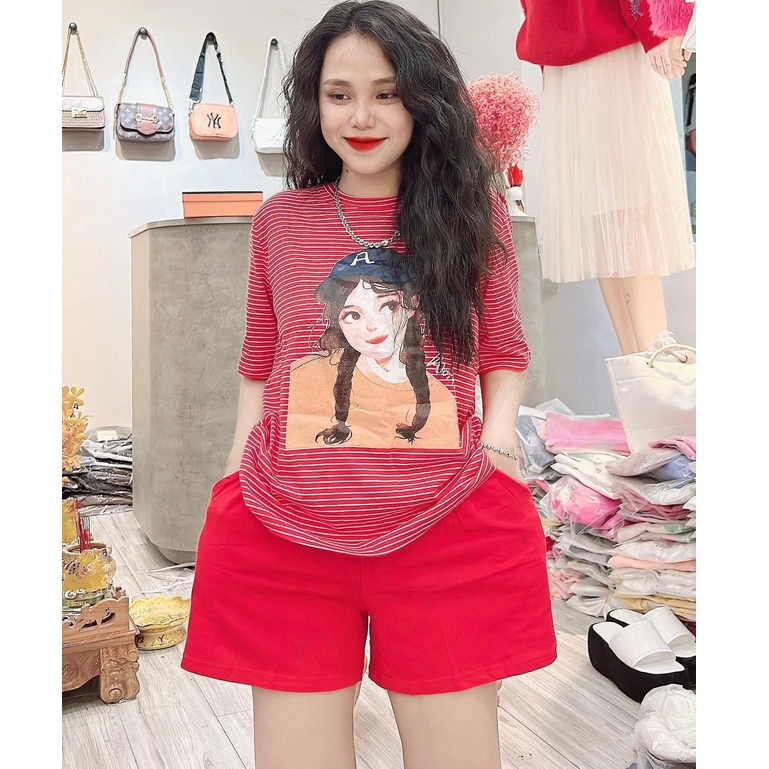 Đồ bộ nữ, set đồ bộ ngố quần đùi có túi và áo ngắn tay form rộng in hình cô gái vải thun cotton dày, bộ đồ ngố mặc nhà