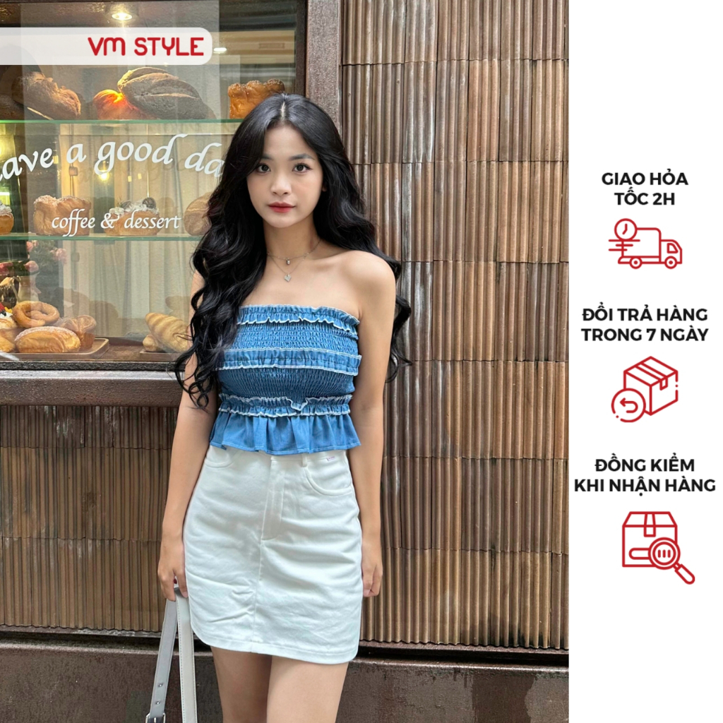 Áo ống jean denim nữ VMSTYLE croptop bèo nhún thân nhiều tầng cá tính 7186 - ASU00422