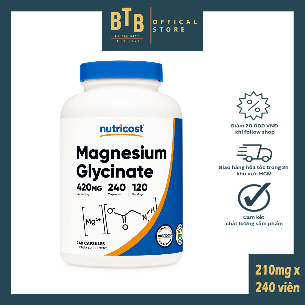 Viên uống Nutricost MAGNESIUM BISGLYCINATE 420mg x 120 lần dùng bổ sung magie
