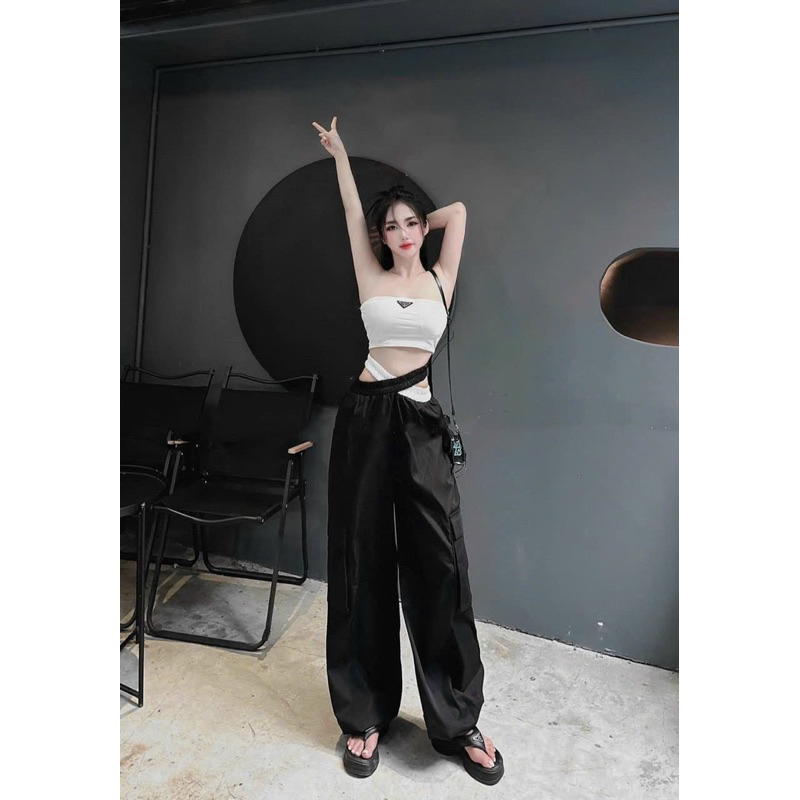 Set áo ống thêu logo kèm quần suông túi hộp - Bộ áo quây logo kèm quần suông kaki