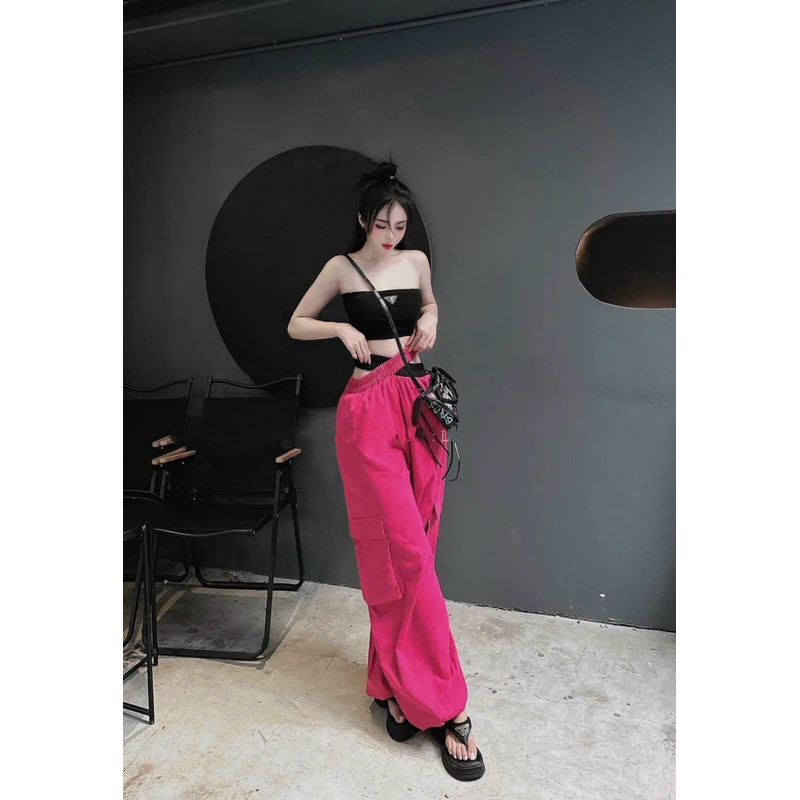 Set áo ống thêu logo kèm quần suông túi hộp - Bộ áo quây logo kèm quần suông kaki