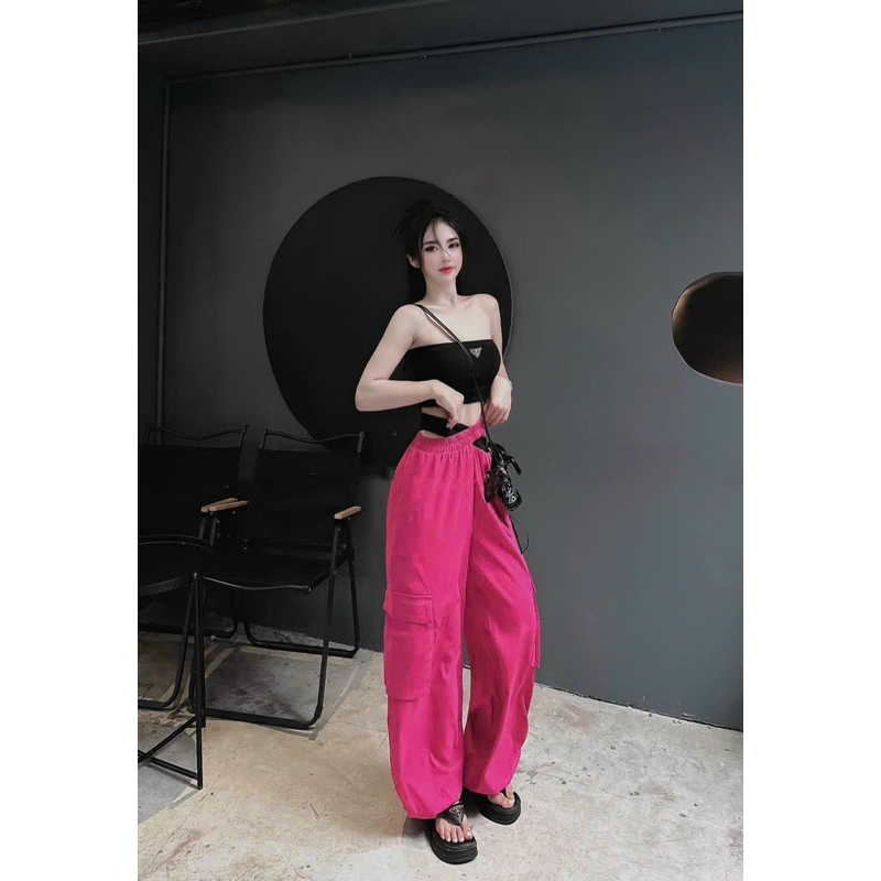 Set áo ống thêu logo kèm quần suông túi hộp - Bộ áo quây logo kèm quần suông kaki