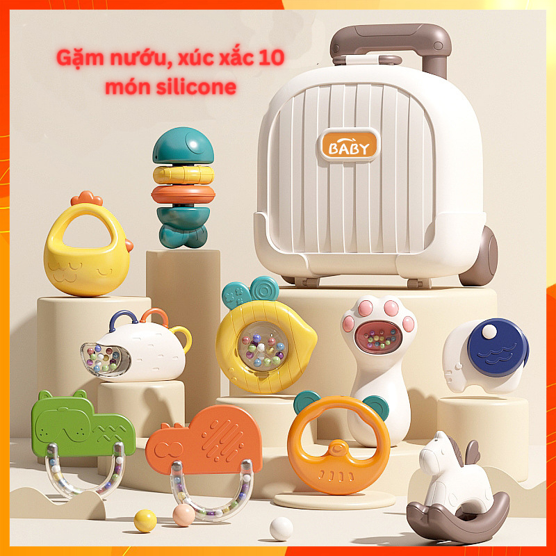Bộ đồ chơi gặm nướu 10 món có hộp đựng vali ngộ nghĩnh. Xúc xắc bằng silicon hình động vật có hộp đựng vali ngộ nghĩnh