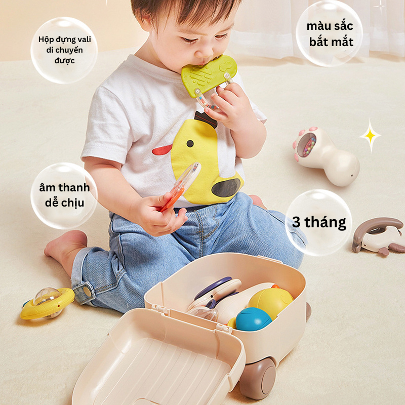 Bộ đồ chơi gặm nướu 10 món có hộp đựng vali ngộ nghĩnh. Xúc xắc bằng silicon hình động vật có hộp đựng vali ngộ nghĩnh