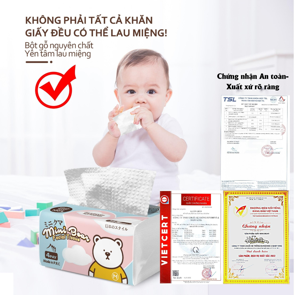 Khăn giấy rút MiniBear mềm mại dẻo dai tăng thêm độ dày 300 tờ 4 lớp, 100% bột gỗ nguyên sinh, giấy ăn cao cấp Nhật Bản