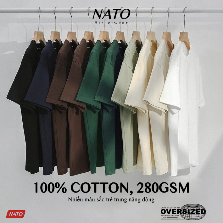 Áo Phông Rộng Tay Lỡ TEE 280GSM Cotton Oversize Áo Thun Trơn Nam Nữ Unisex Freesize Cổ Tròn Cao Cấp Local Brand NATO