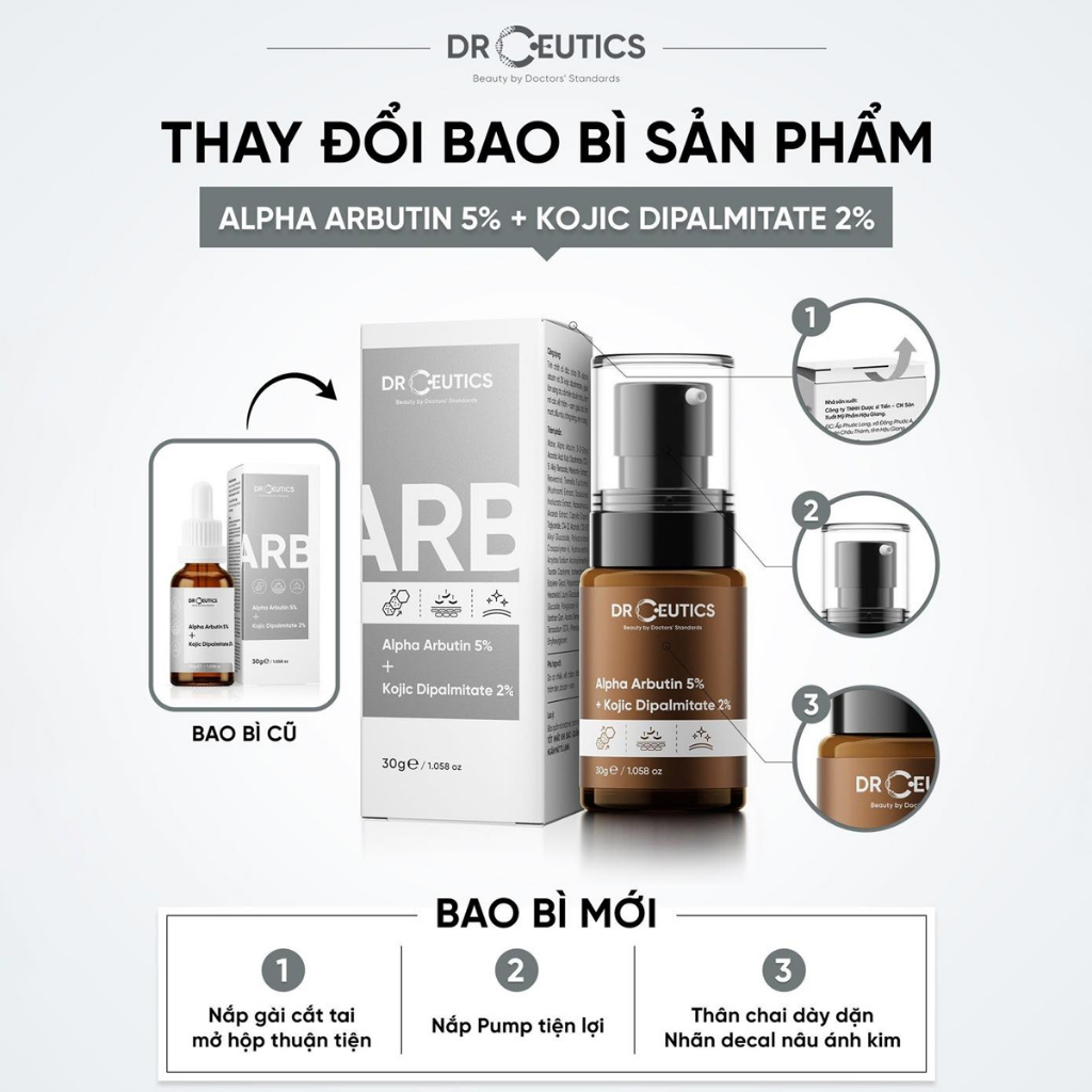 Tinh Chất Serum DrCeutics Alpha Arbutin Làm Sáng Da, Mờ Thâm Nám - Alpha Arbutin 5% + Kojic Dipalmitate 2% 30g