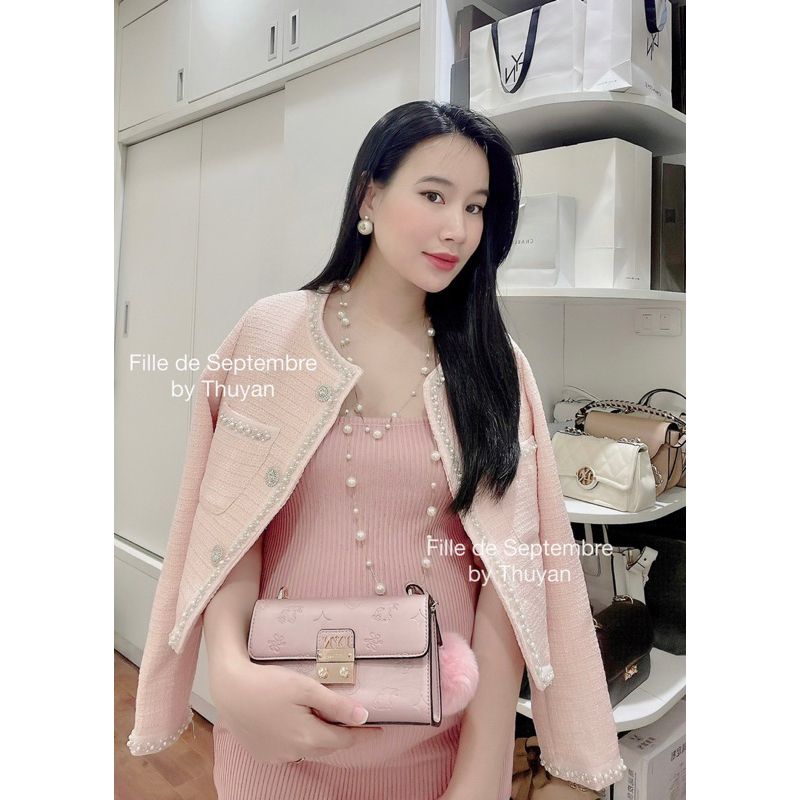 Áo khoác dạ tweed viền đính cườm ngọc khuy full đá phale QCC