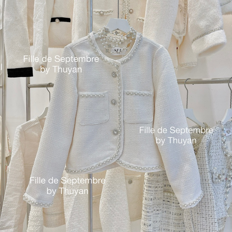 Áo khoác dạ tweed viền đính cườm ngọc khuy full đá phale QCC